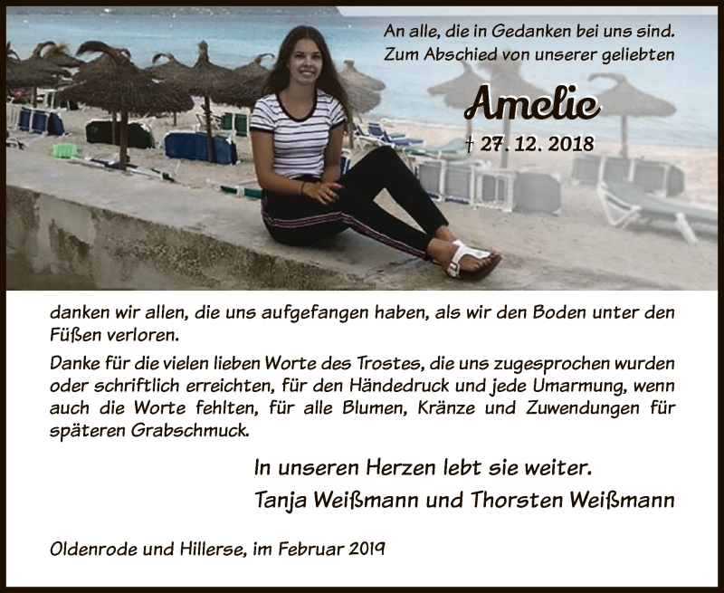  Traueranzeige für Amelie Weißmann vom 02.02.2019 aus HNA