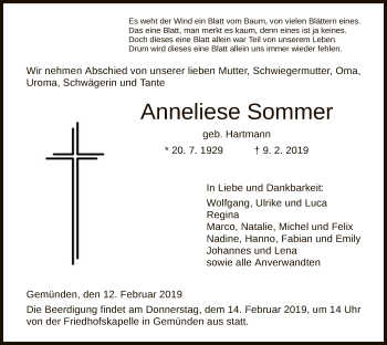 Traueranzeige von Anneliese Sommer von HNA