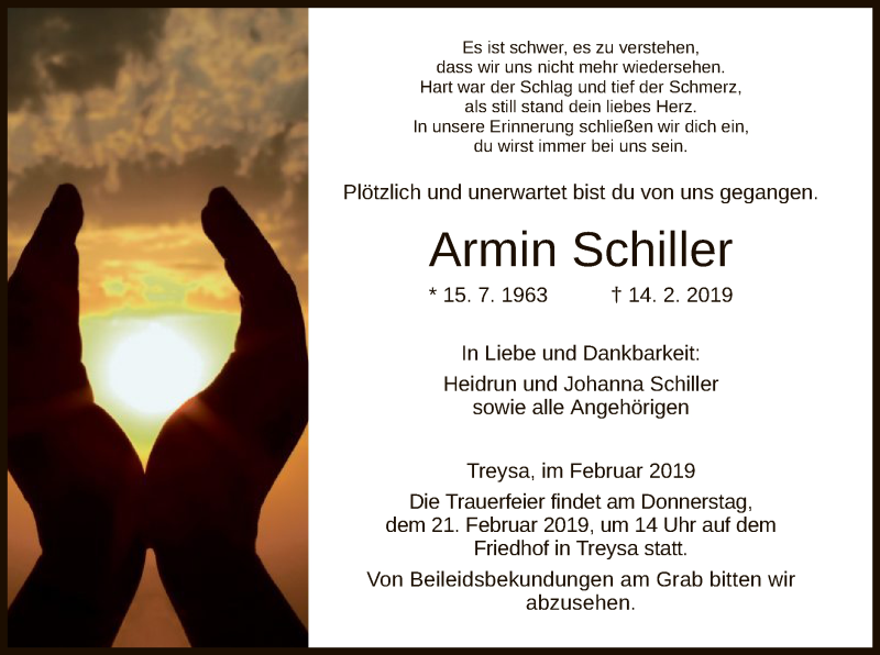  Traueranzeige für Armin Schiller vom 19.02.2019 aus HNA