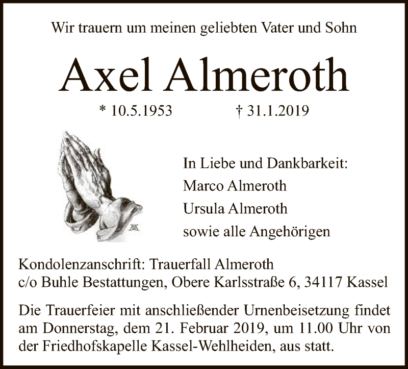  Traueranzeige für Axel Almeroth vom 16.02.2019 aus HNA