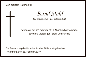 Traueranzeige von Bernd Stahl von HNA