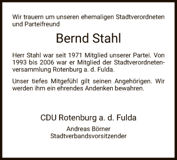Traueranzeige von Bernd Stahl von HNA