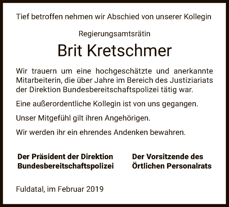  Traueranzeige für Brit Kretschmer vom 27.02.2019 aus HNA