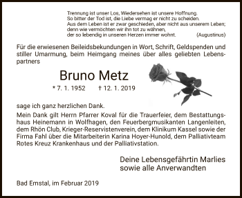 Traueranzeige von Bruno Metz von HNA