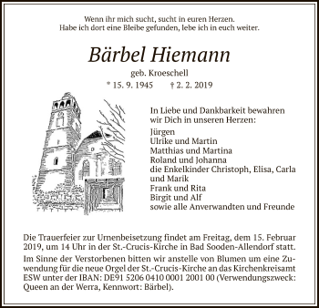 Traueranzeige von Bärbel Hiemann von HNA