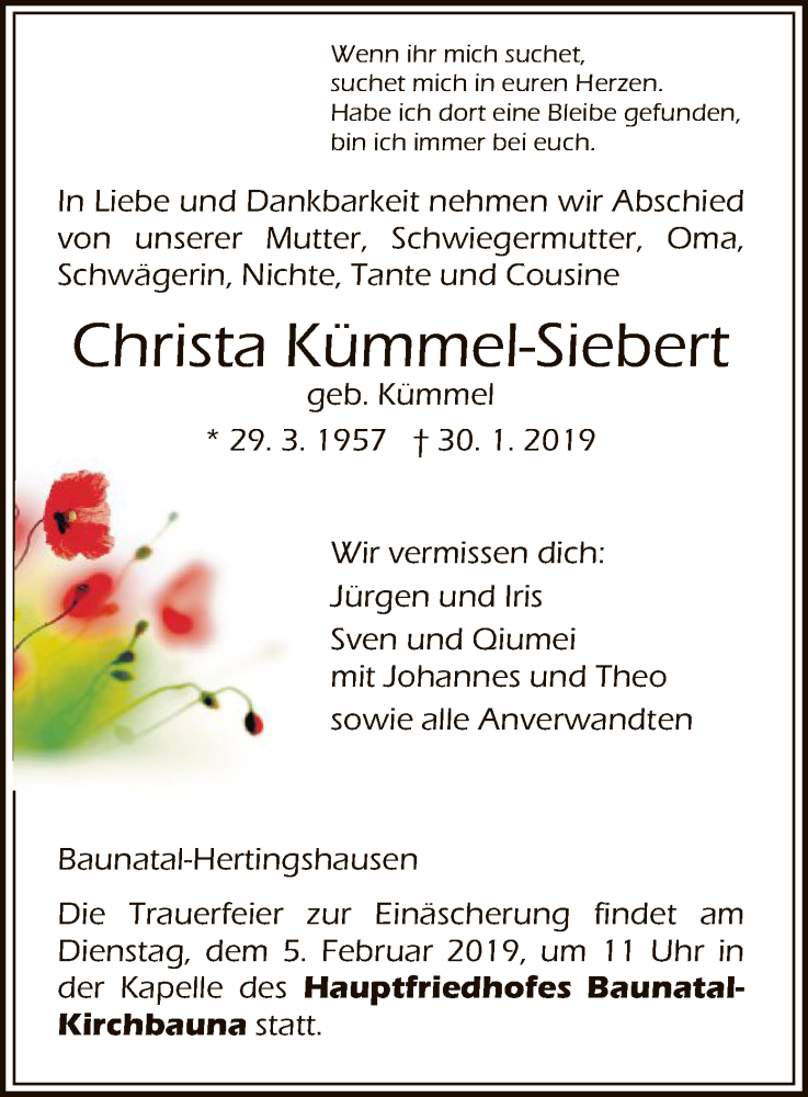  Traueranzeige für Christa Kümmel-Siebert vom 02.02.2019 aus HNA