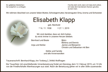 Traueranzeige von Elisabeth Klapp von HNA