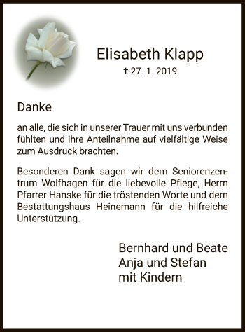 Traueranzeige von Elisabeth Klapp von HNA