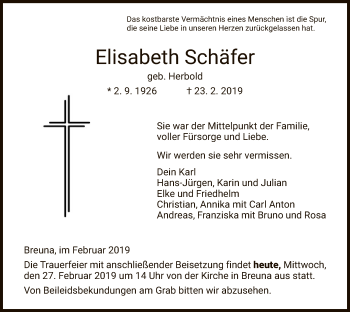 Traueranzeige von Elisabeth Schäfer von HNA