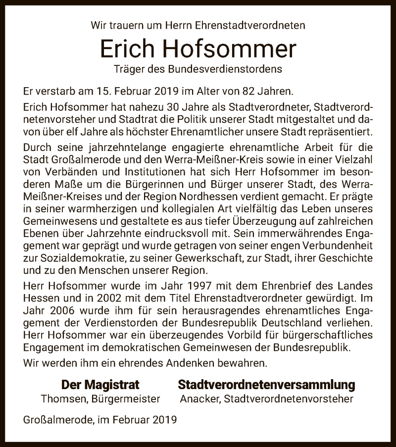  Traueranzeige für Erich Hofsommer vom 23.02.2019 aus HNA
