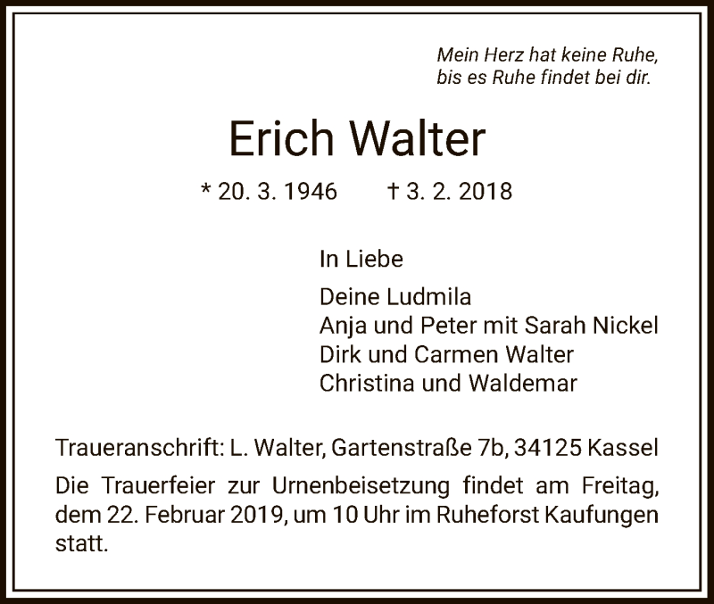  Traueranzeige für Erich Walter vom 16.02.2019 aus HNA