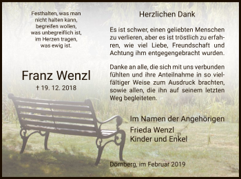 Traueranzeige von Franz Wenzl von HNA