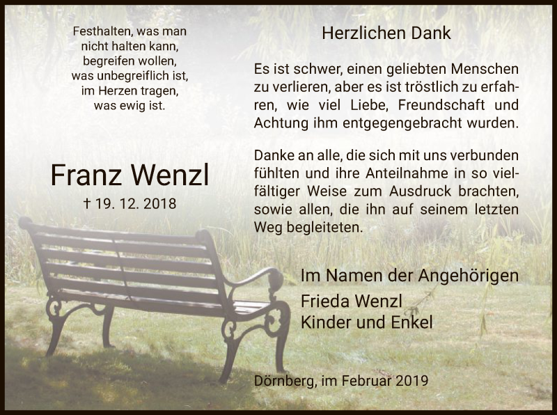  Traueranzeige für Franz Wenzl vom 02.02.2019 aus HNA