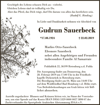 Traueranzeige von Gudrun Sauerbeck von HNA