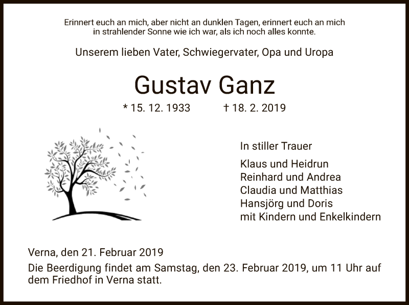  Traueranzeige für Gustav Ganz vom 21.02.2019 aus HNA