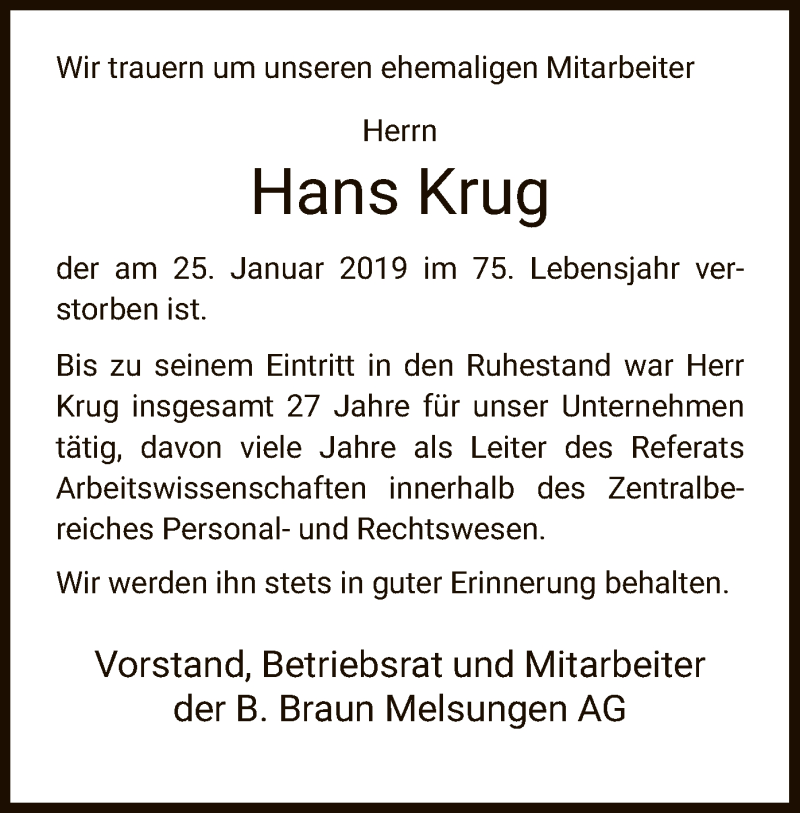  Traueranzeige für Hans Krug vom 08.02.2019 aus HNA