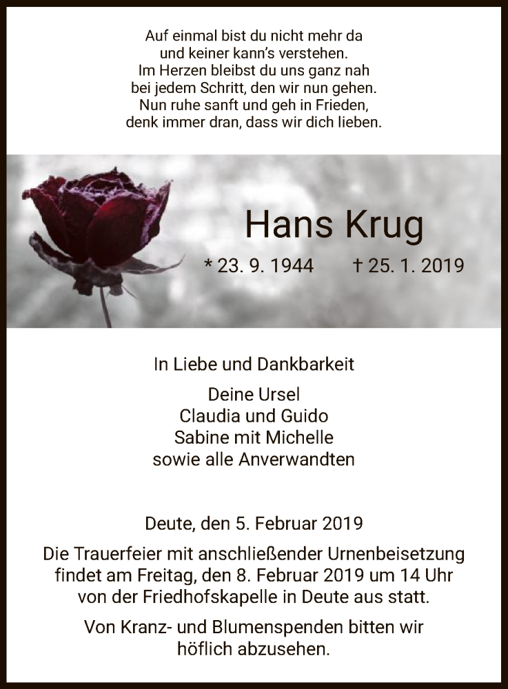  Traueranzeige für Hans Krug vom 05.02.2019 aus HNA