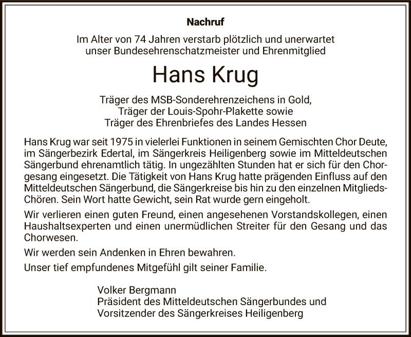  Traueranzeige für Hans Krug vom 09.02.2019 aus HNA