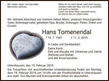 Traueranzeige von Hans Tomenendal von HNA