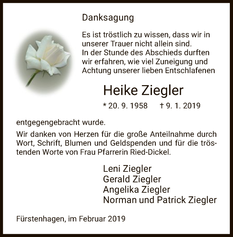  Traueranzeige für Heike Ziegler vom 16.02.2019 aus HNA