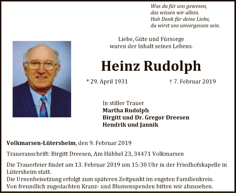  Traueranzeige für Heinz Rudolph vom 09.02.2019 aus HNA