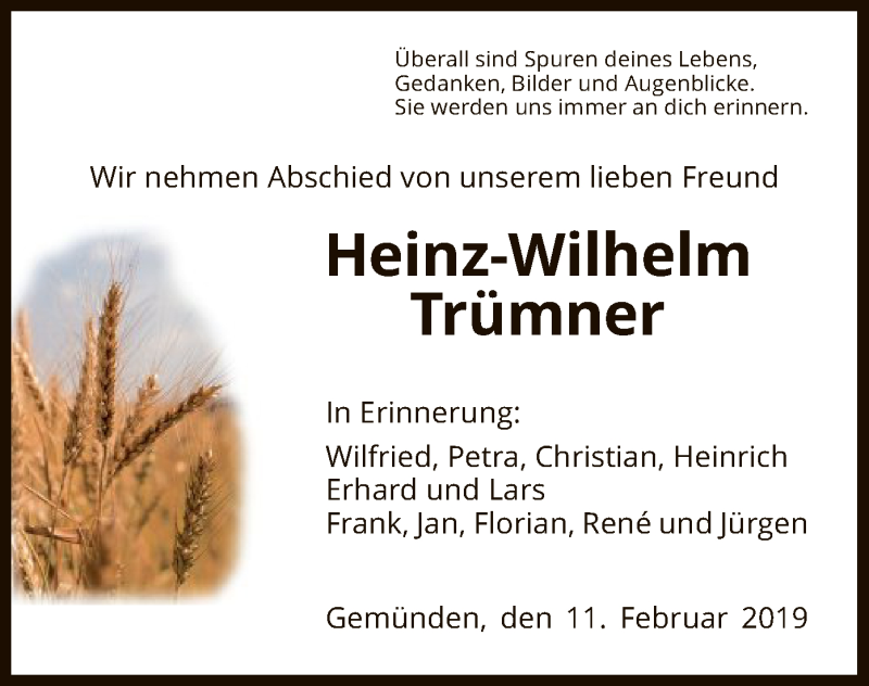  Traueranzeige für Heinz-Wilhelm Trümner vom 11.02.2019 aus HNA