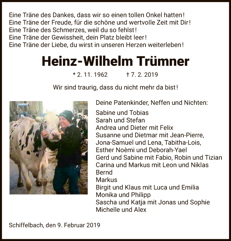  Traueranzeige für Heinz-Wilhelm Trümner vom 09.02.2019 aus HNA