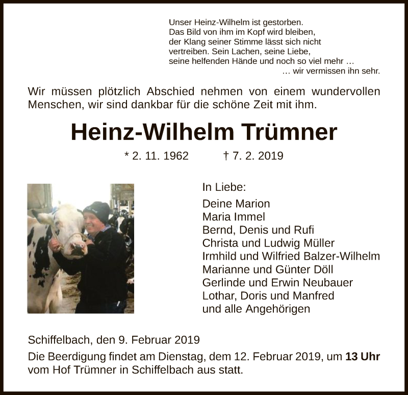  Traueranzeige für Heinz-Wilhelm Trümner vom 09.02.2019 aus HNA
