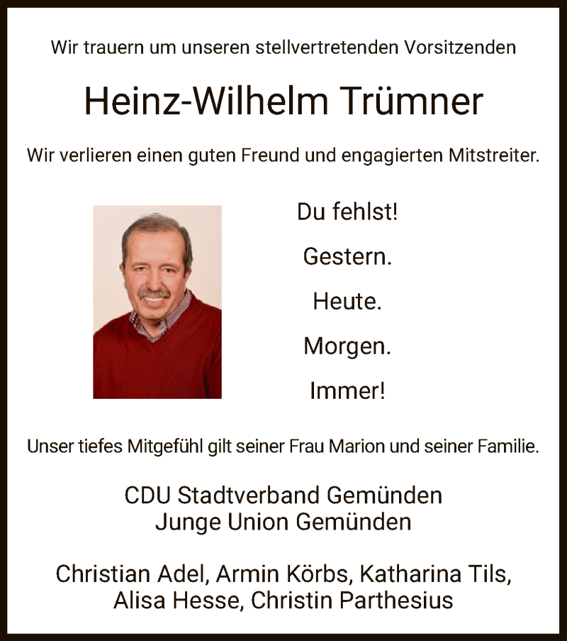  Traueranzeige für Heinz-Wilhelm Trümner vom 12.02.2019 aus HNA