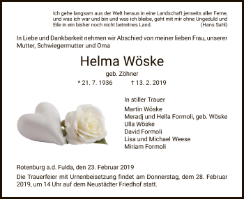 Traueranzeige von Helma Wöske von HNA