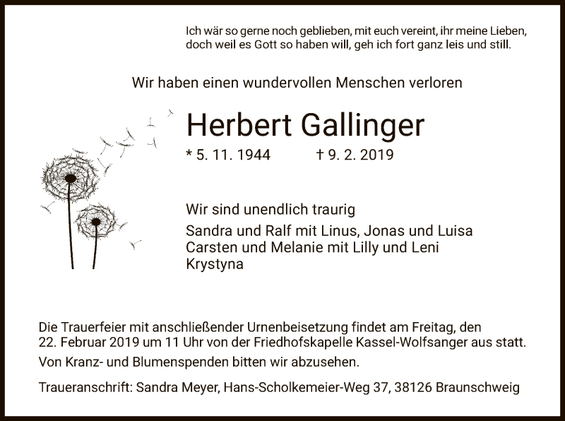  Traueranzeige für Herbert Gallinger vom 18.02.2019 aus HNA