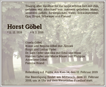Traueranzeige von Horst Göbel von HNA