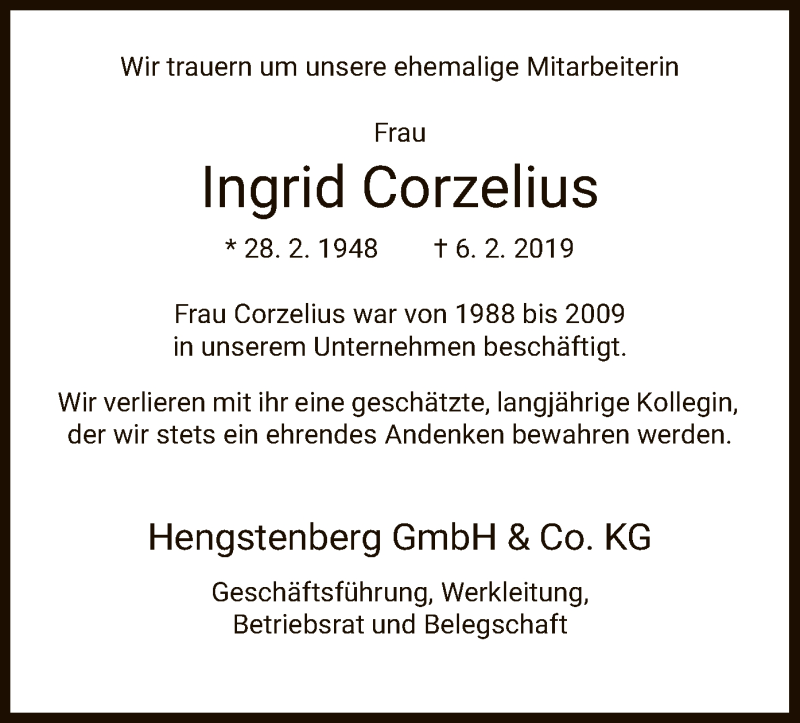  Traueranzeige für Ingrid Corzelius vom 13.02.2019 aus HNA