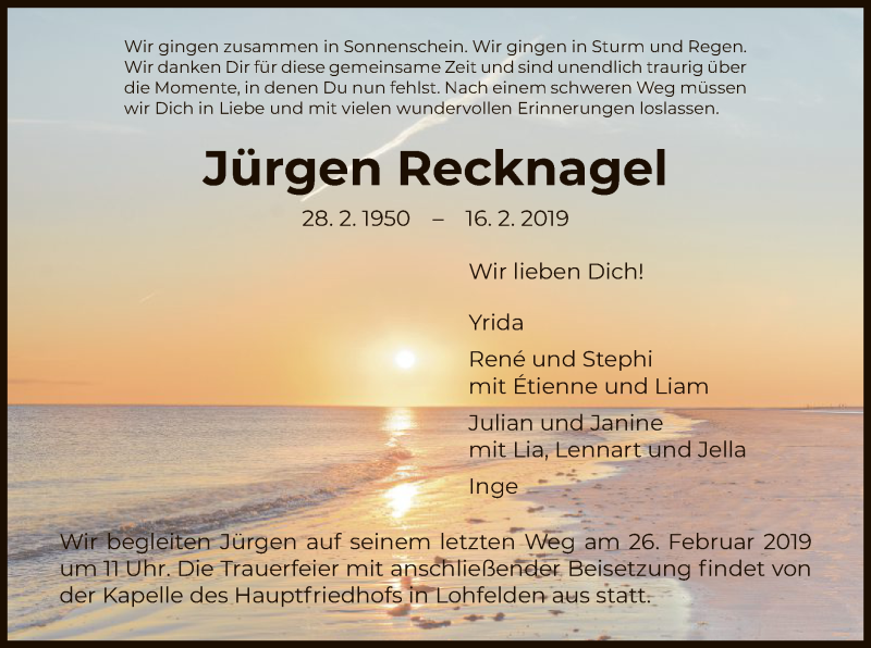  Traueranzeige für Jürgen Recknagel vom 22.02.2019 aus HNA