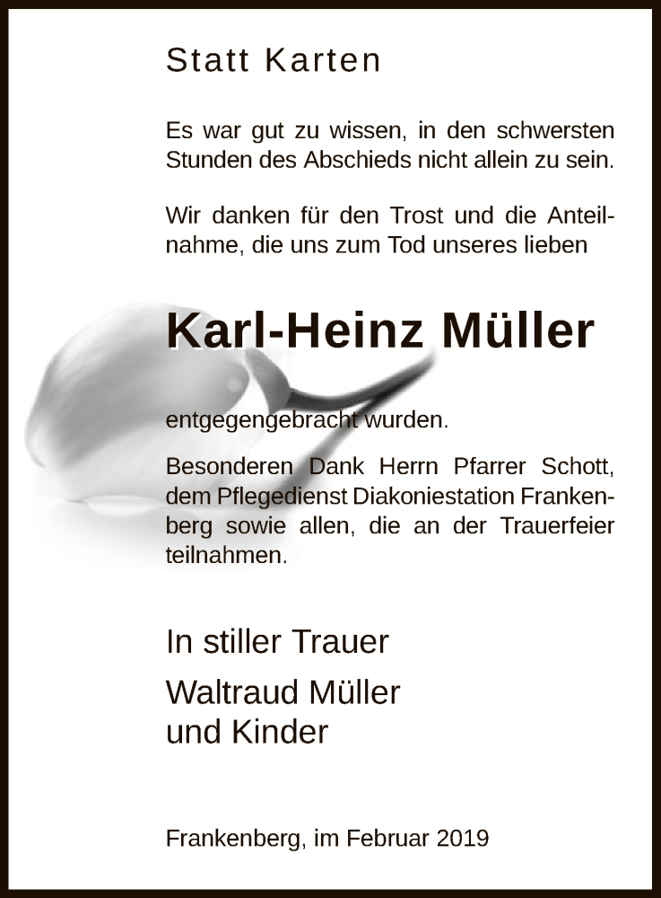  Traueranzeige für Karl-Heinz Müller vom 08.02.2019 aus HNA