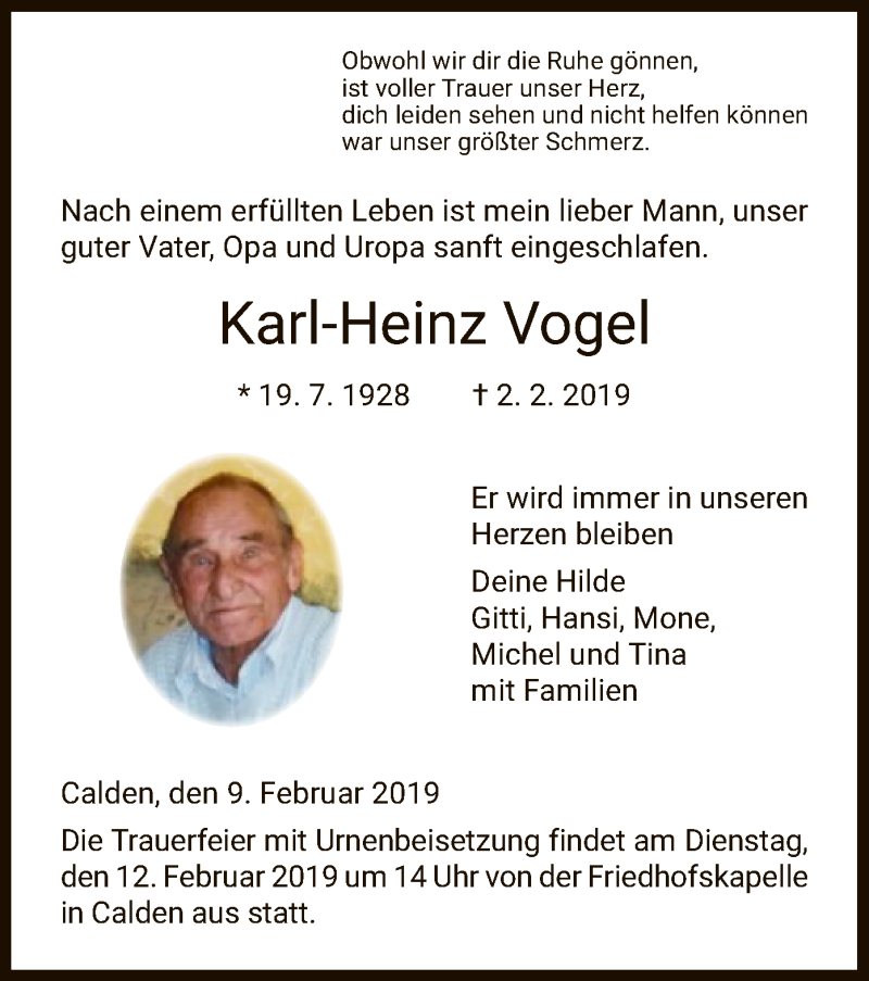  Traueranzeige für Karl-Heinz Vogel vom 09.02.2019 aus HNA