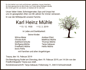 Traueranzeige von Karl Heinz Mühle von HNA