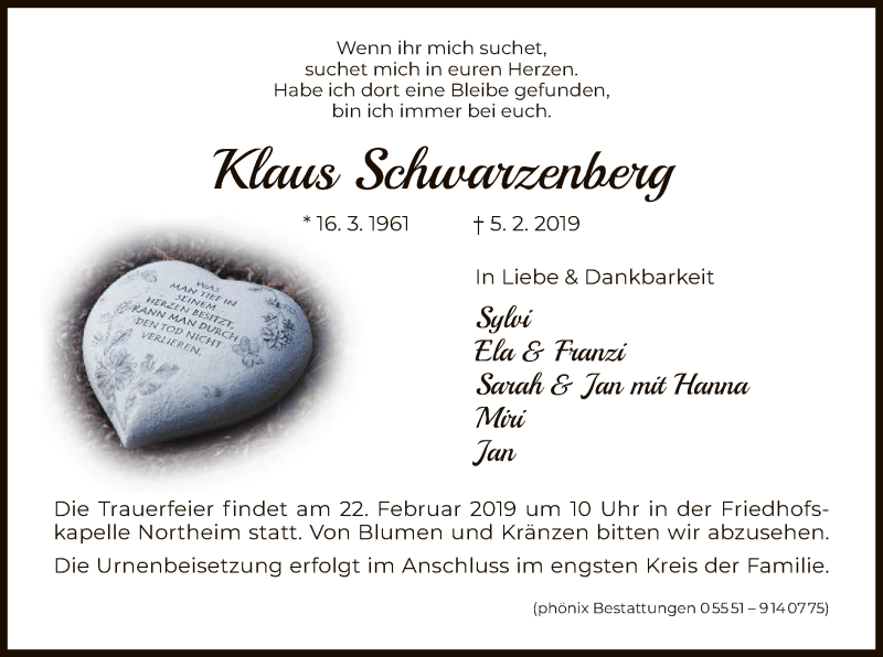  Traueranzeige für Klaus Schwarzenberg vom 16.02.2019 aus HNA