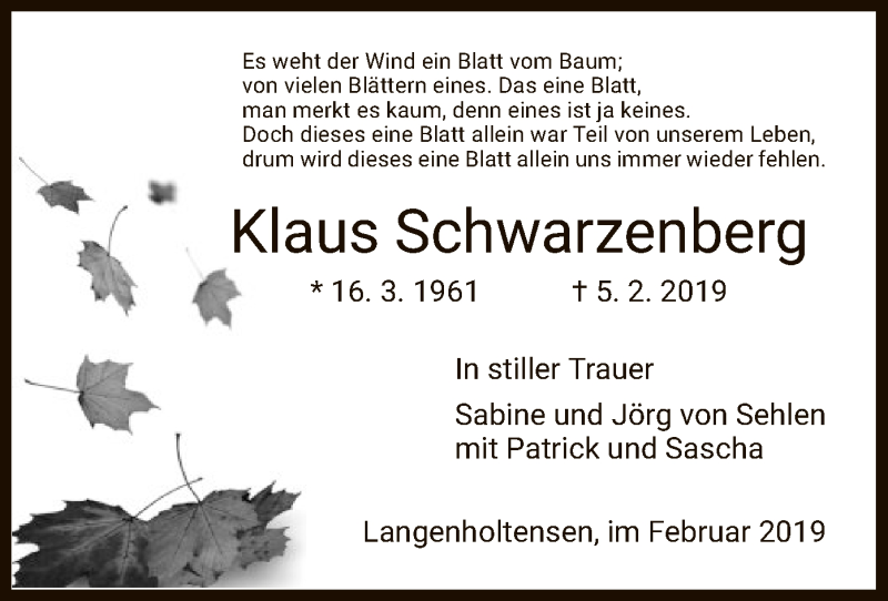  Traueranzeige für Klaus Schwarzenberg vom 16.02.2019 aus HNA