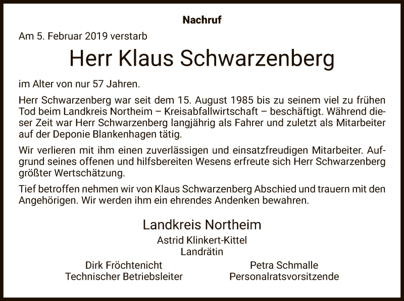  Traueranzeige für Klaus Schwarzenberg vom 16.02.2019 aus HNA