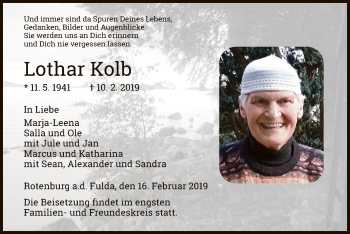 Traueranzeige von Lothar Kolb von HNA