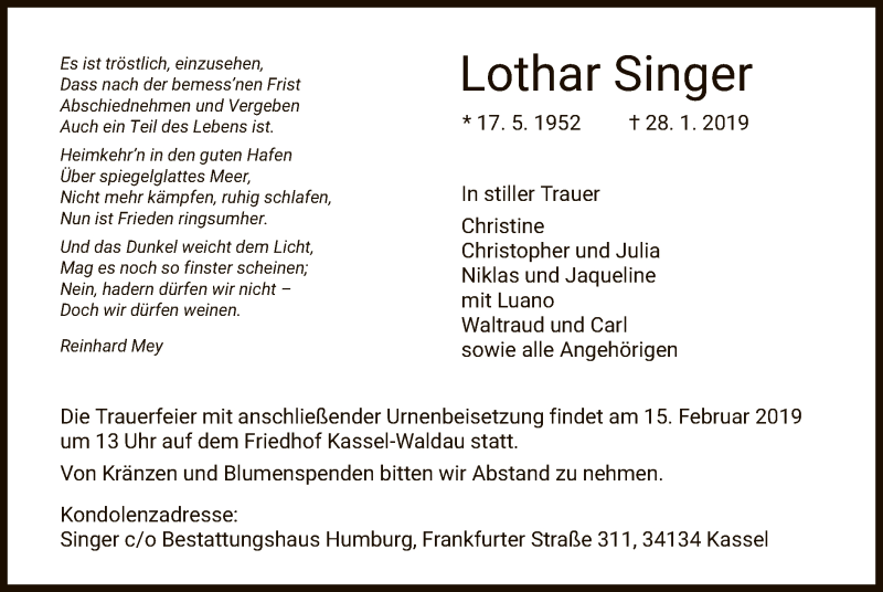  Traueranzeige für Lothar Singer vom 08.02.2019 aus HNA