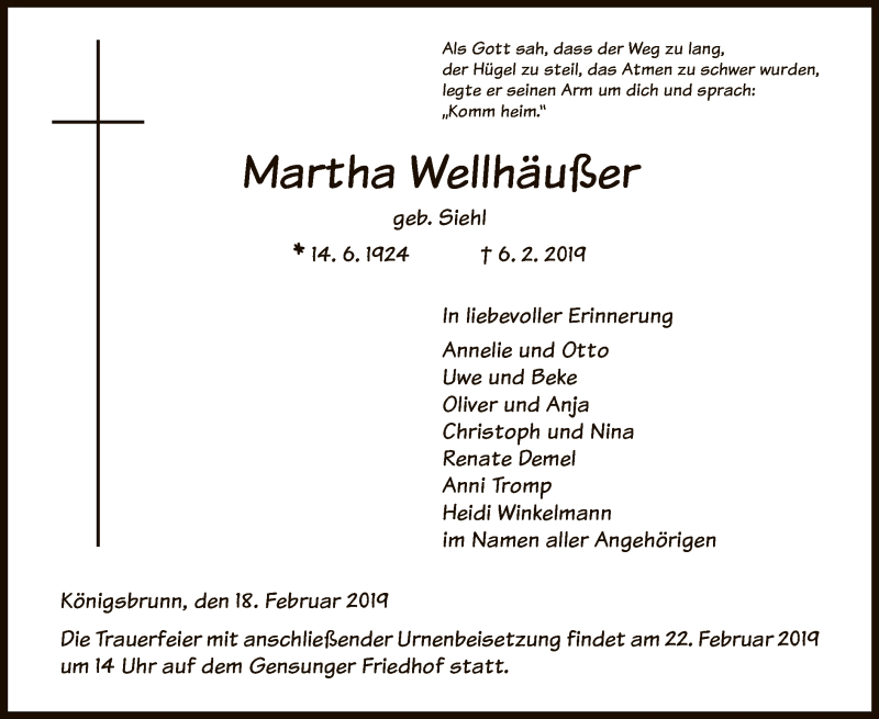  Traueranzeige für Martha Wellhäußer vom 18.02.2019 aus HNA