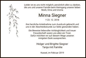 Traueranzeige von Minna Siegner von HNA