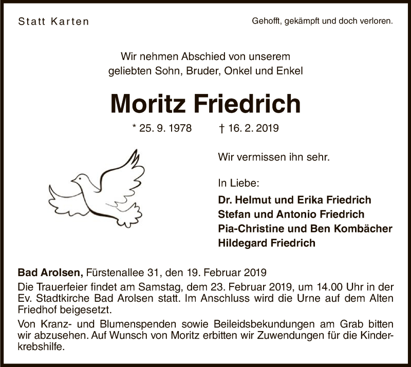  Traueranzeige für Moritz Friedrich vom 19.02.2019 aus HNA