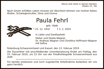 Traueranzeige von Paula Fehrl von HNA