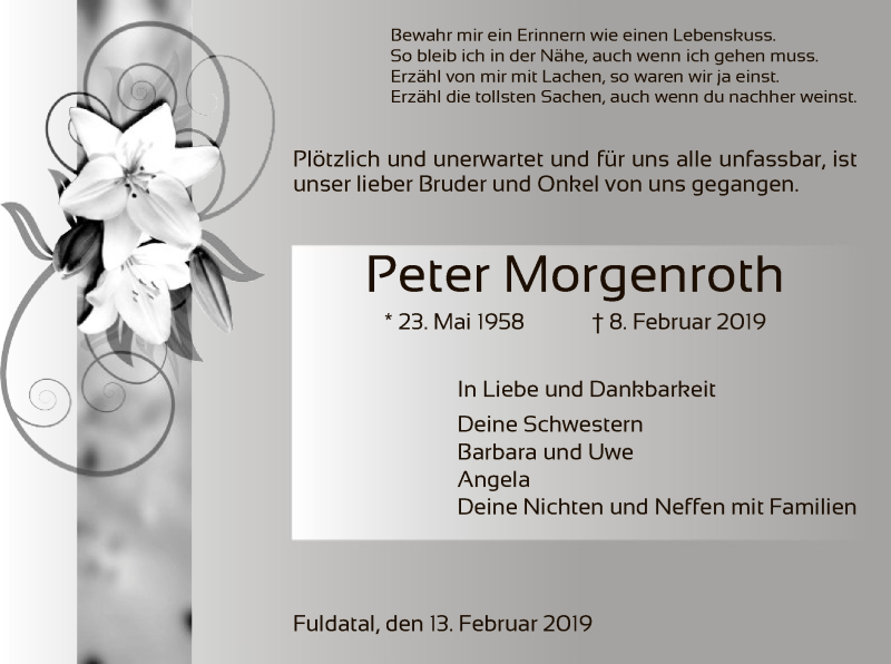  Traueranzeige für Peter Morgenroth vom 13.02.2019 aus HNA