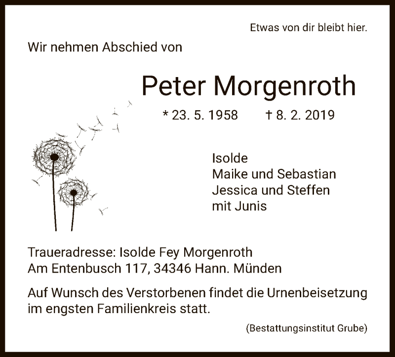  Traueranzeige für Peter Morgenroth vom 16.02.2019 aus HNA