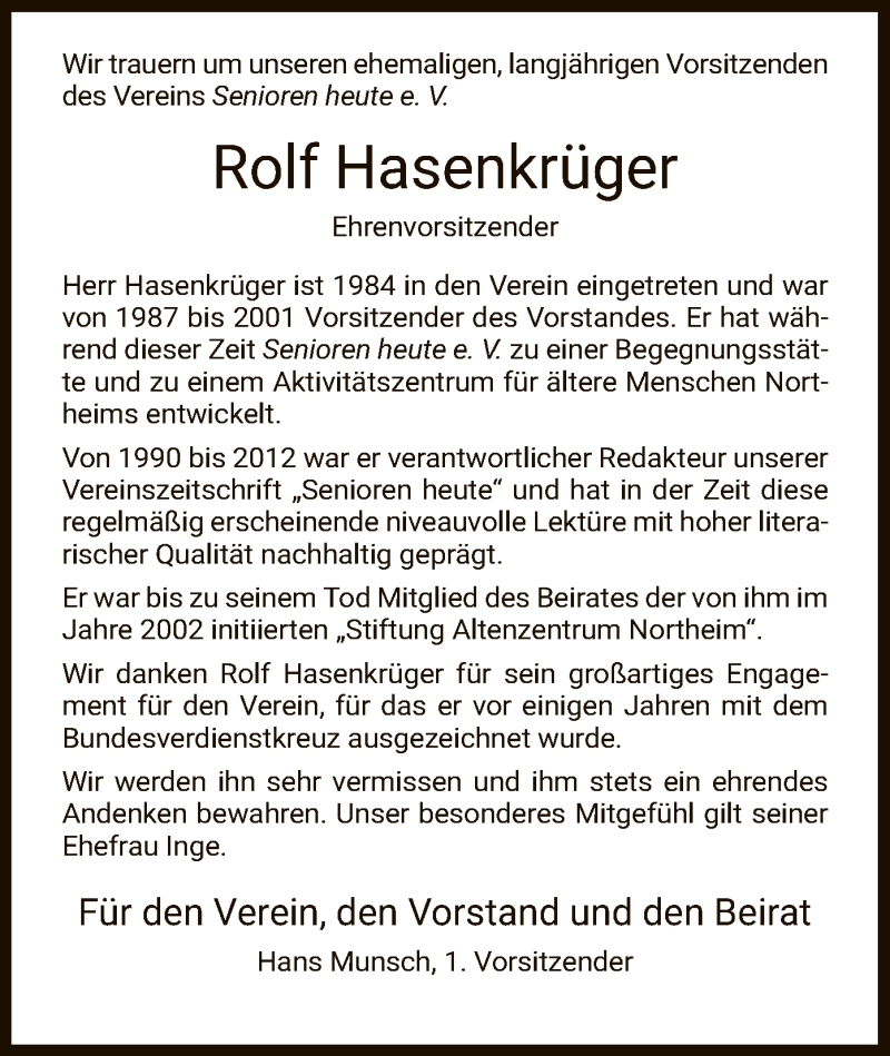  Traueranzeige für Rolf Hasenkrüger vom 02.02.2019 aus HNA