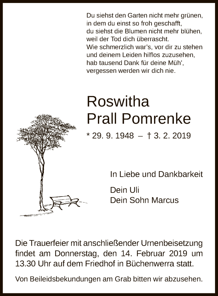  Traueranzeige für Roswitha Prall-Pomrenke vom 11.02.2019 aus HNA